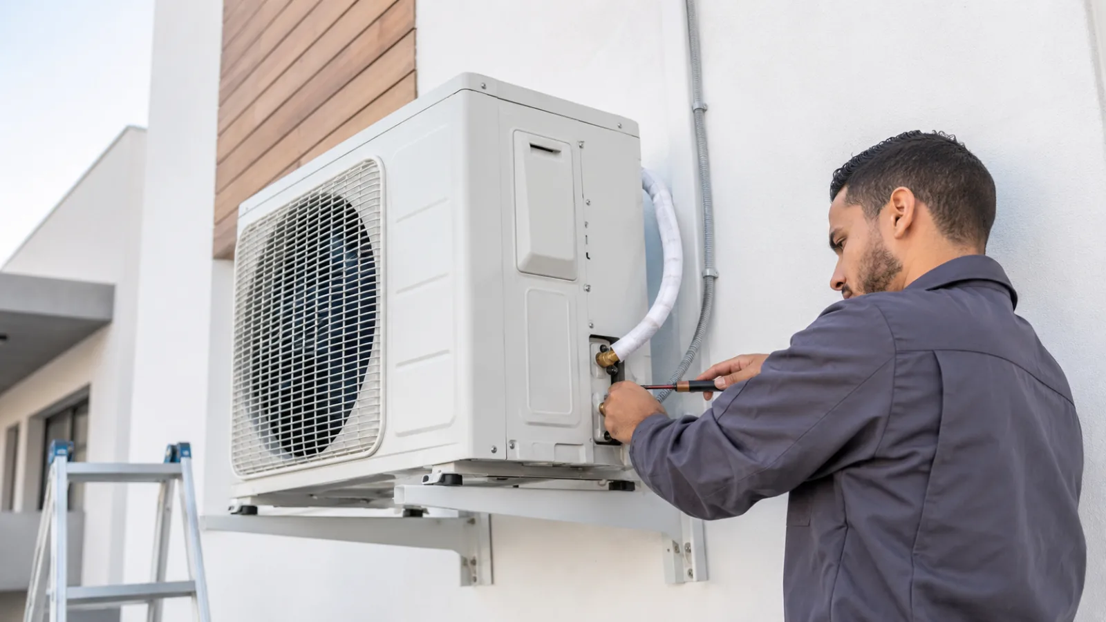 Installation d'une unité extérieure de climatisation par un technicien