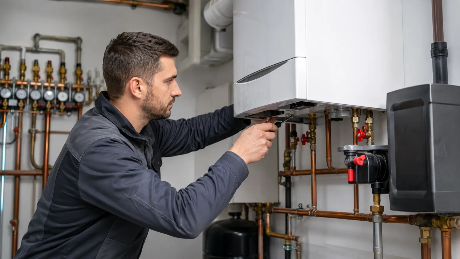 Technicien réalisant l'entretien d'une chaudière gaz